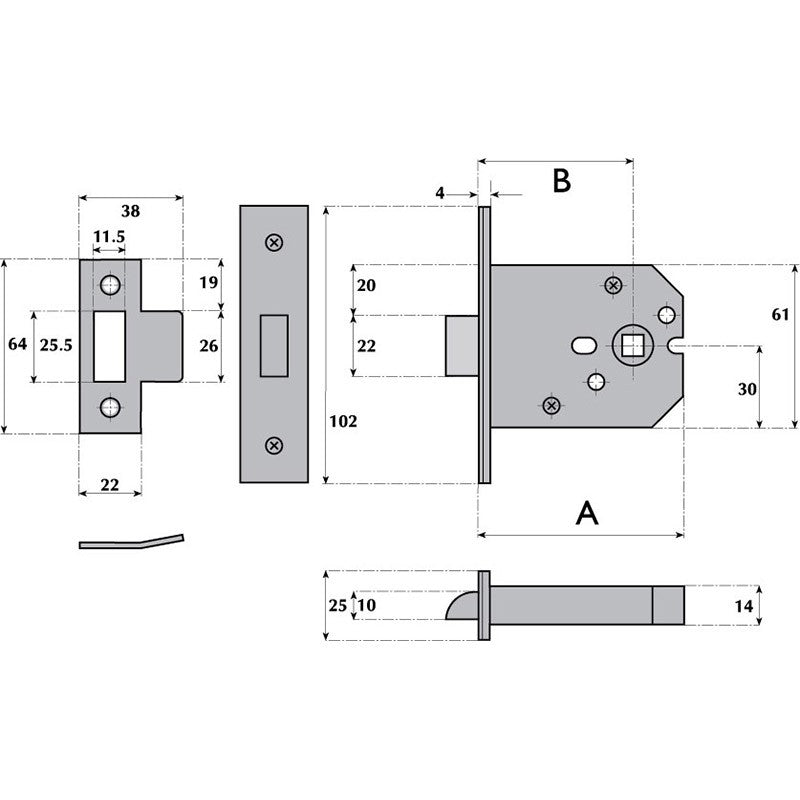 101mm Mortice box latch, heavy duty